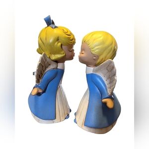 Vintage Ceramic Kissing Boy & Girl Angel Hand Painted Pair Book Blue White 8”